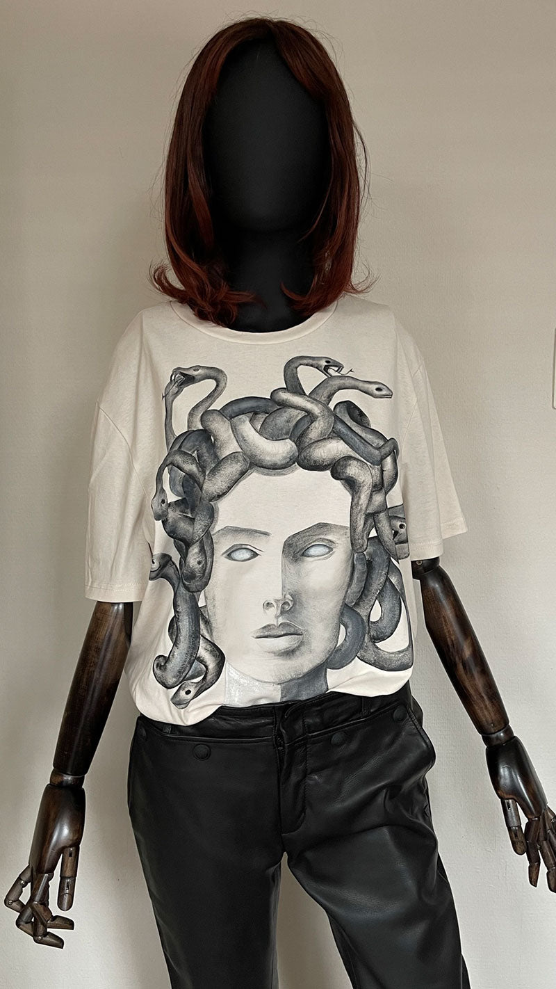 Hand-Painted white organic t-shirt with Medusa front view