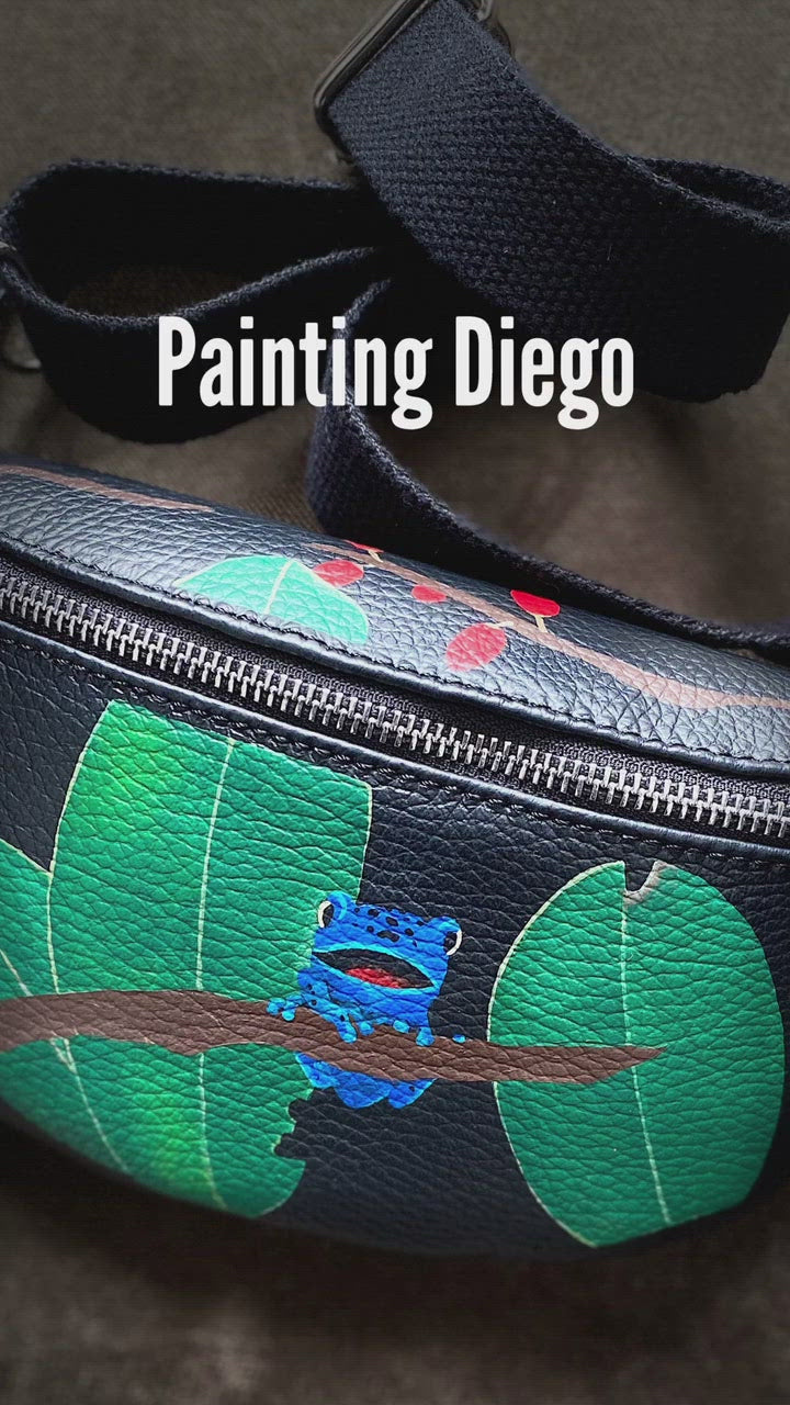 Painted on leather, Bag with poison dart frog, Hand Painted bag