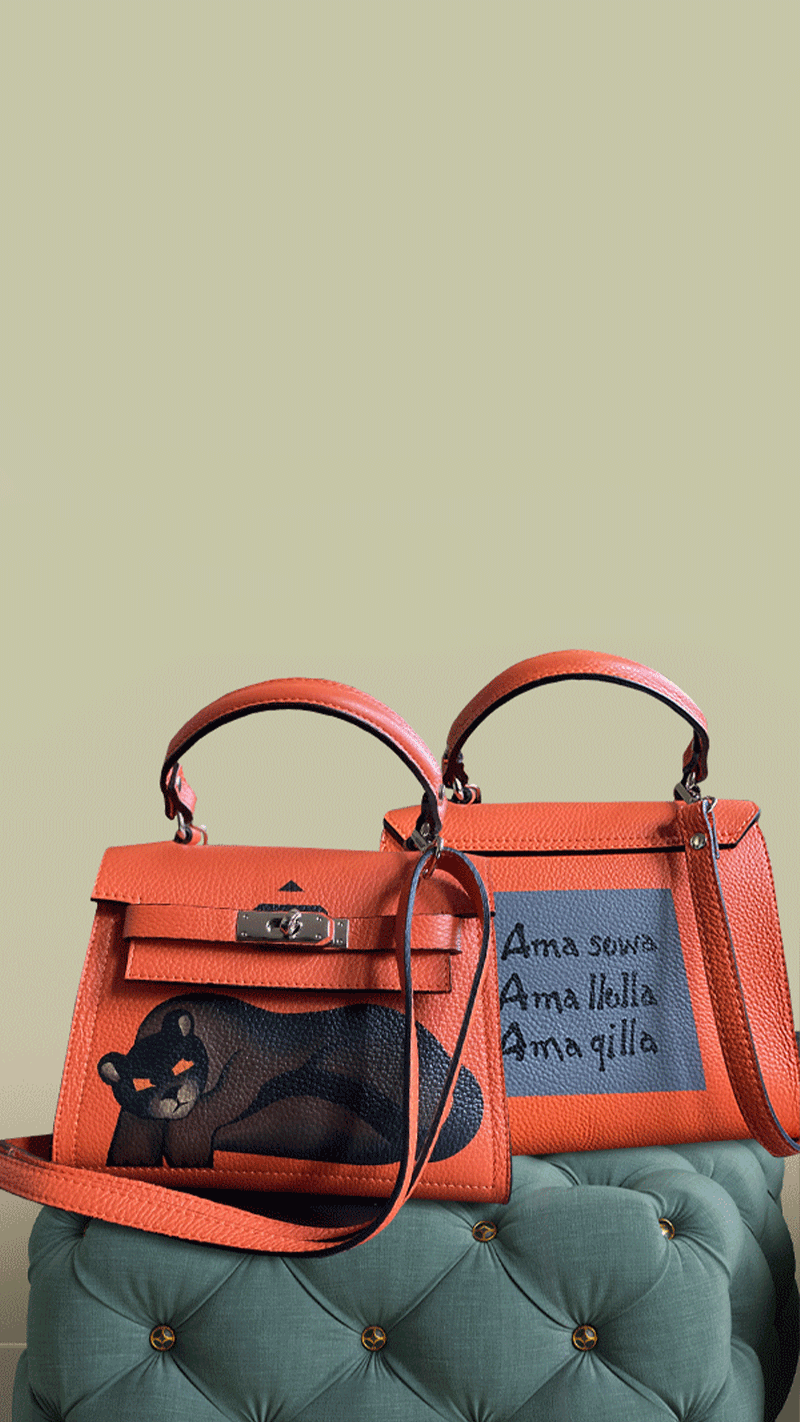  Puma bag, hand painted illustration of a Puma on real leather, hand painted on the front and the back, limited edition, Collection in the Spirit of El Dorado, by Atelier Astrid and Antoinette