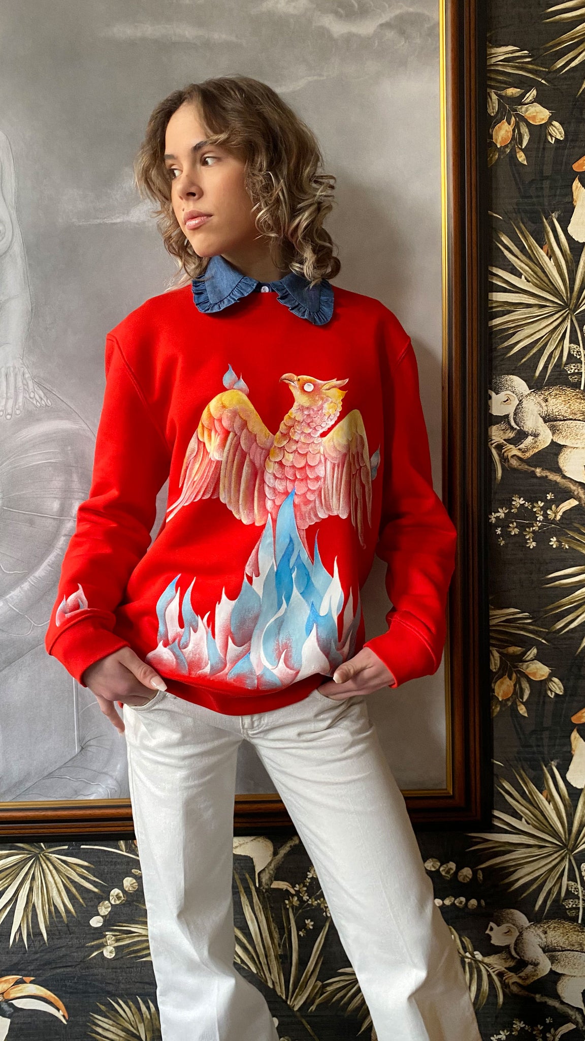 Hand-painted Red Vegan Sweatshirt with an illustration of The Phoenix, painted with non-toxic paints by Atelier Astrid & Antoinette
