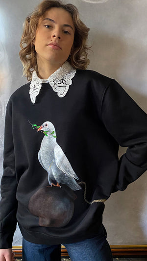 Hand-painted Black Vegan Sweatshirt with an illustration of the Peace Dove. painted with non-toxic paints by Atelier Astrid & Antoinette